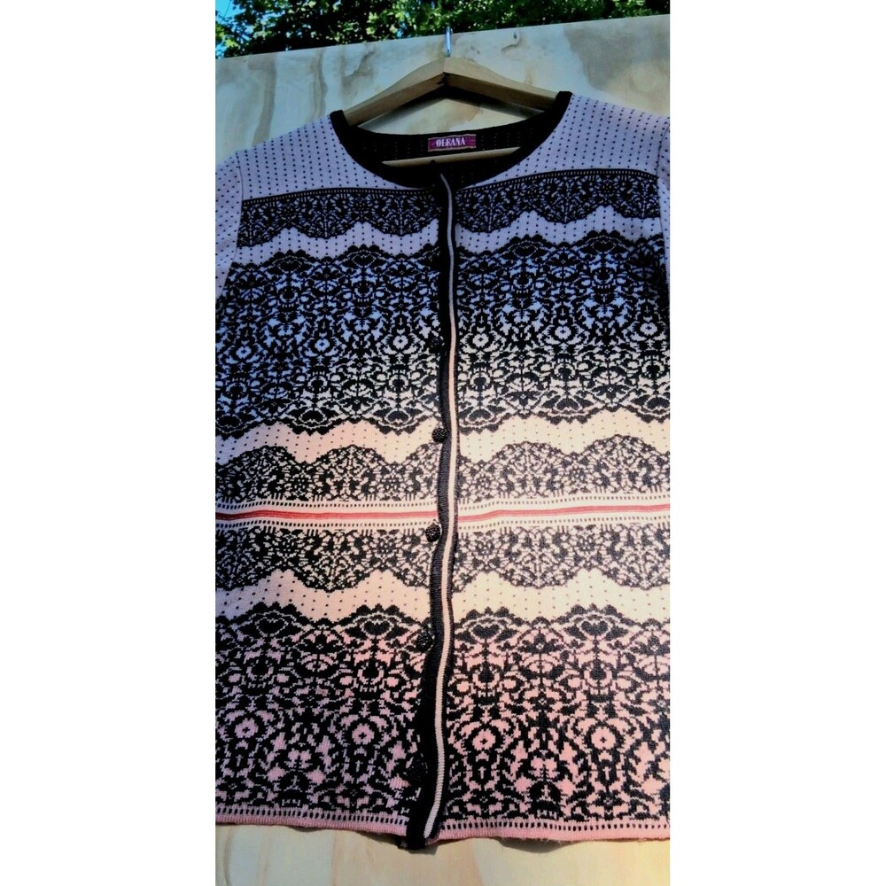 Oleana Norwegian Silk Merino Wool Cardigan Sweater Pink Black Nordic Knit XL - Picture 5 of 9